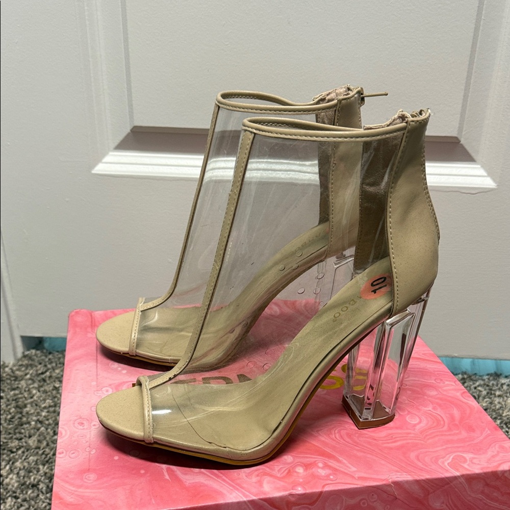 BAMBOO Clear and Tan Heeled Sandals